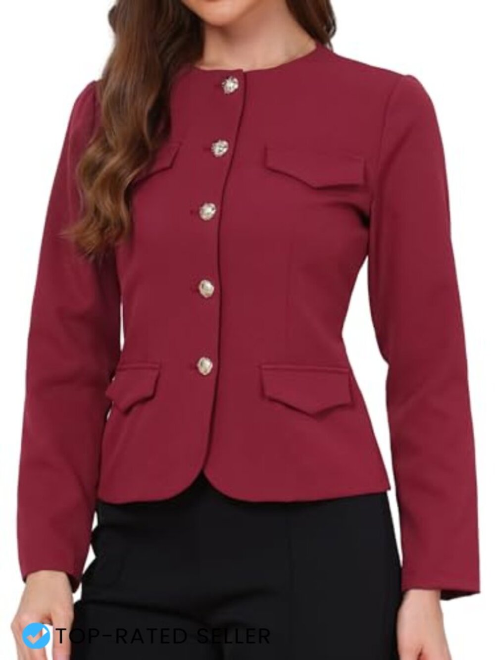 Women Collarless Button Down Fitted Business Casual Blazer